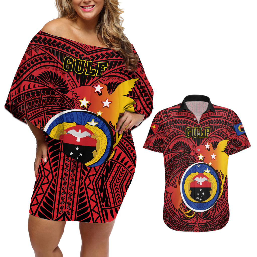 Papua New Guinea Gulf Province Couples Matching Off Shoulder Short Dress and Hawaiian Shirt Mix Coat Of Arms Polynesian Pattern LT05 Red - Polynesian Pride