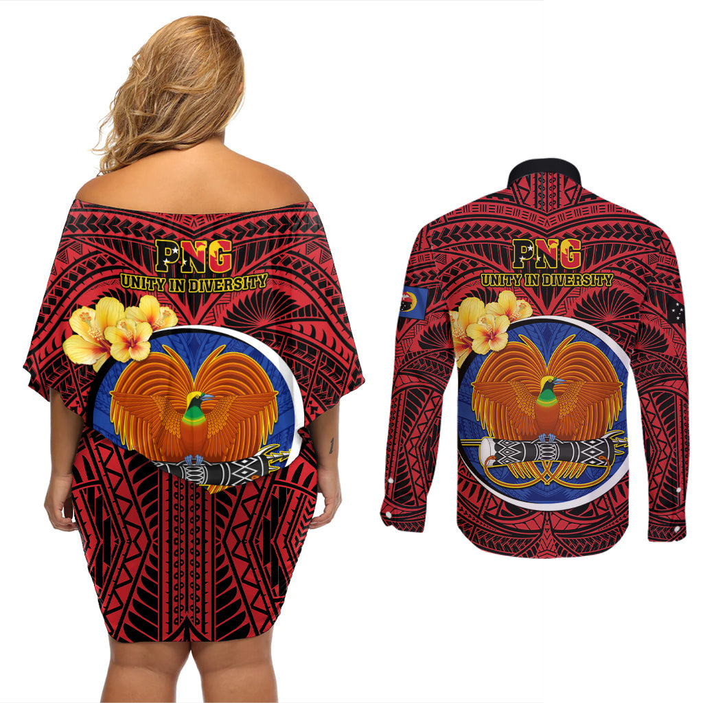 Papua New Guinea Gulf Province Couples Matching Off Shoulder Short Dress and Long Sleeve Button Shirts Mix Coat Of Arms Polynesian Pattern LT05 - Polynesian Pride