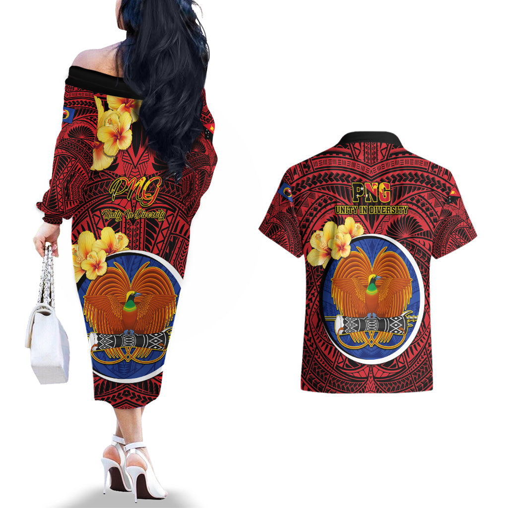 Papua New Guinea Gulf Province Couples Matching Off The Shoulder Long Sleeve Dress and Hawaiian Shirt Mix Coat Of Arms Polynesian Pattern LT05 - Polynesian Pride