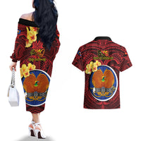 Papua New Guinea Gulf Province Couples Matching Off The Shoulder Long Sleeve Dress and Hawaiian Shirt Mix Coat Of Arms Polynesian Pattern LT05 - Polynesian Pride