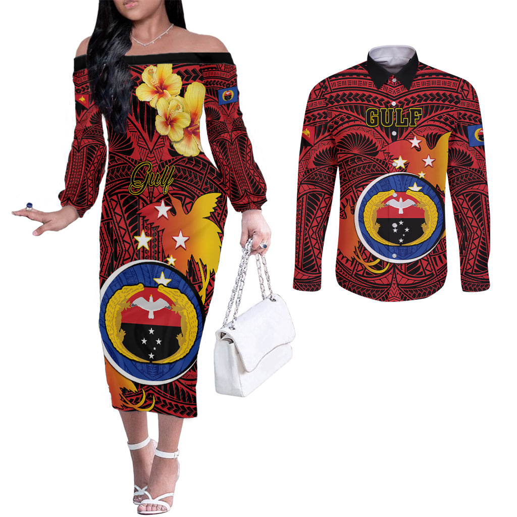 Papua New Guinea Gulf Province Couples Matching Off The Shoulder Long Sleeve Dress and Long Sleeve Button Shirts Mix Coat Of Arms Polynesian Pattern LT05 Red - Polynesian Pride