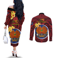 Papua New Guinea Gulf Province Couples Matching Off The Shoulder Long Sleeve Dress and Long Sleeve Button Shirts Mix Coat Of Arms Polynesian Pattern LT05 - Polynesian Pride