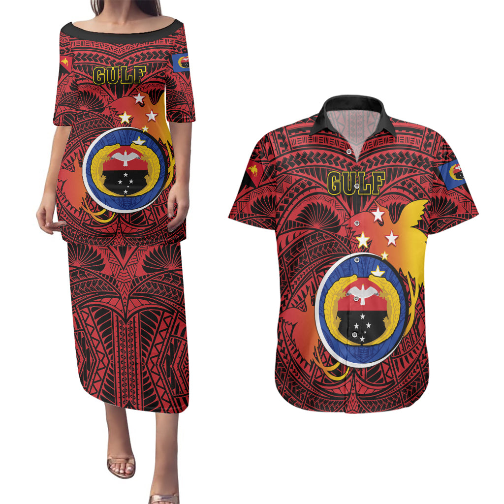Papua New Guinea Gulf Province Couples Matching Puletasi Dress and Hawaiian Shirt Mix Coat Of Arms Polynesian Pattern LT05 Red - Polynesian Pride