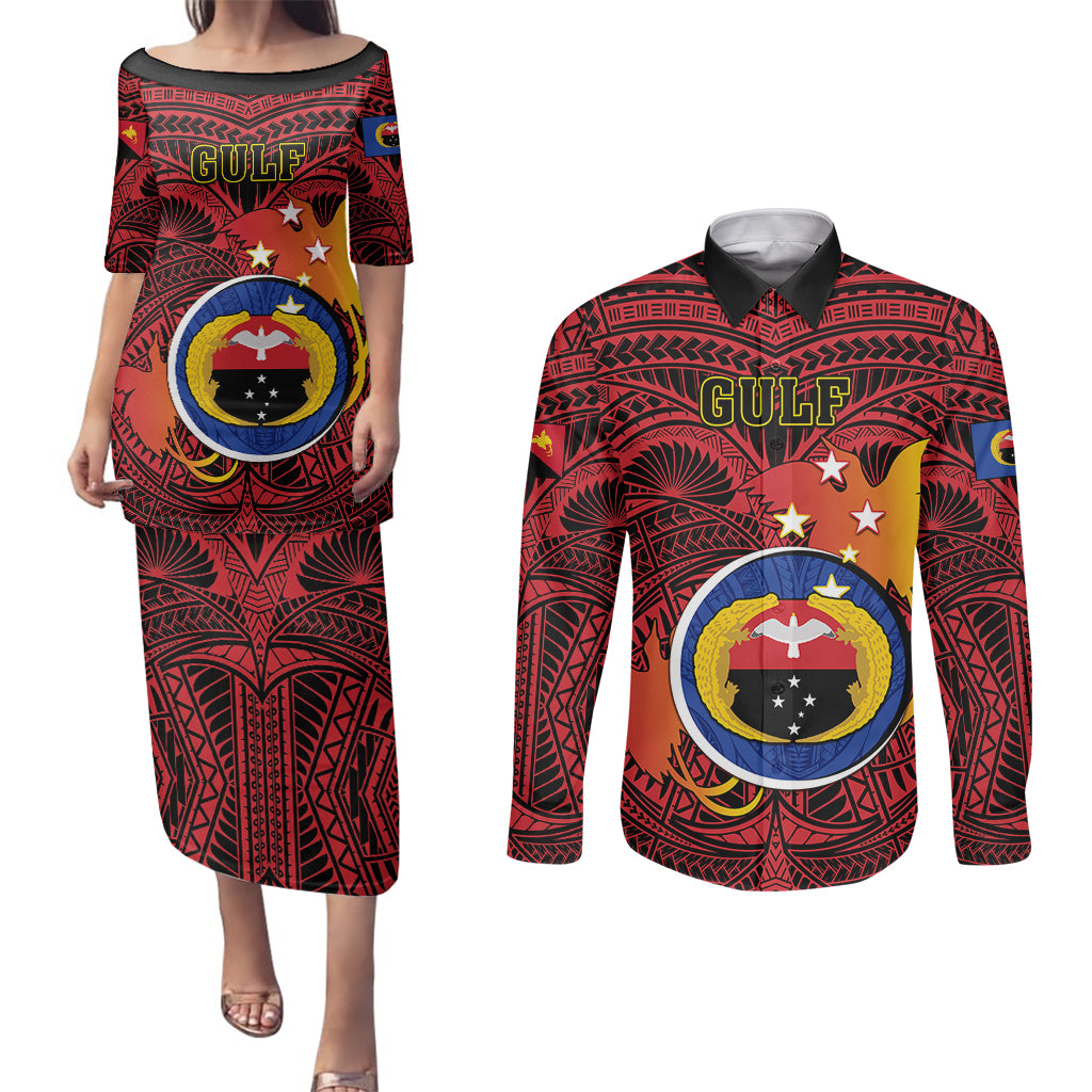 Papua New Guinea Gulf Province Couples Matching Puletasi Dress and Long Sleeve Button Shirts Mix Coat Of Arms Polynesian Pattern LT05 Red - Polynesian Pride