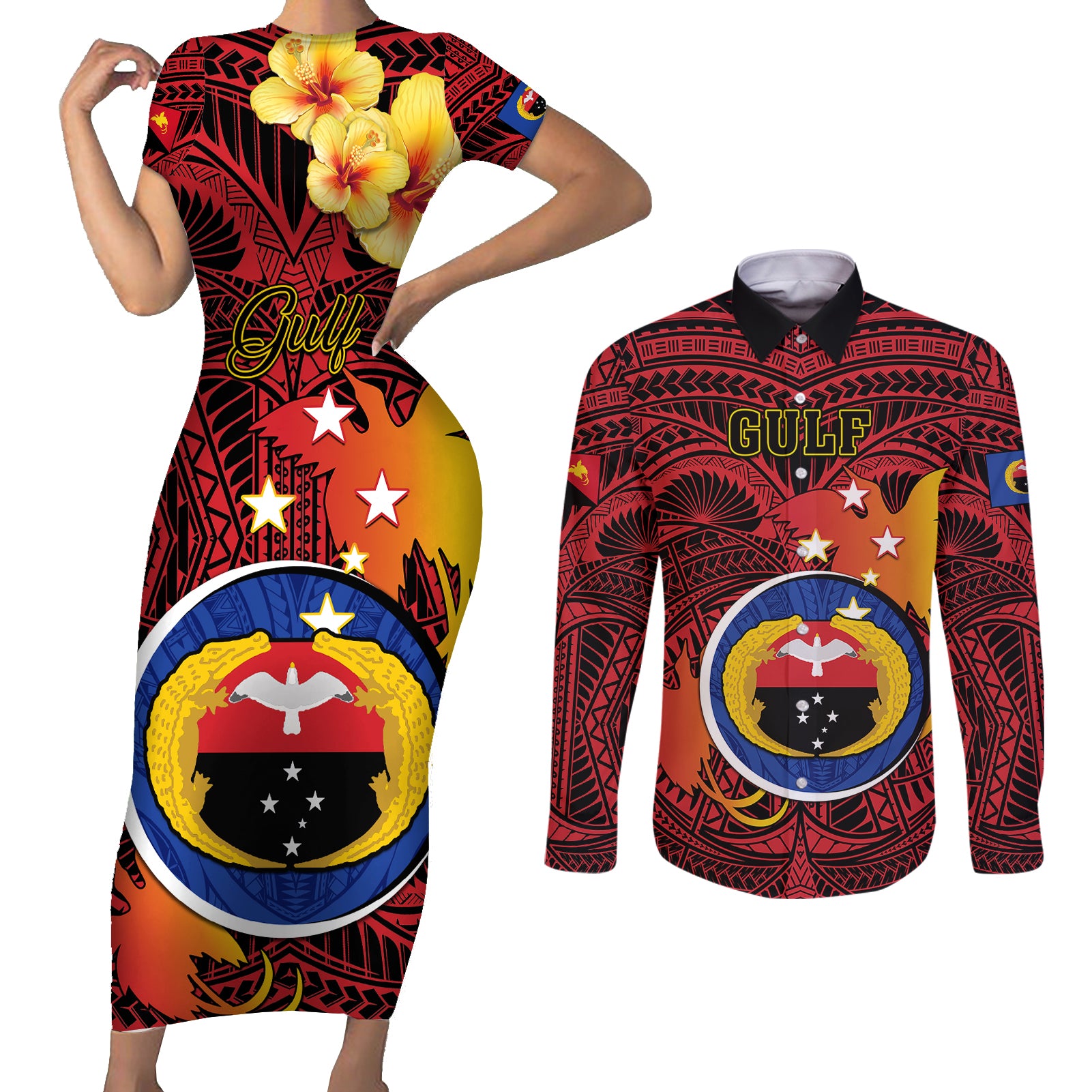 Papua New Guinea Gulf Province Couples Matching Short Sleeve Bodycon Dress and Long Sleeve Button Shirts Mix Coat Of Arms Polynesian Pattern LT05 Red - Polynesian Pride