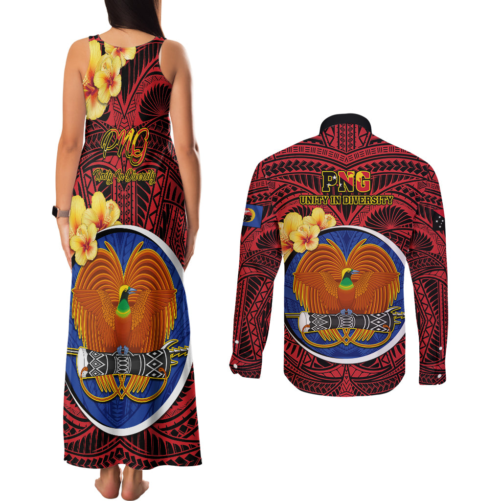 Papua New Guinea Gulf Province Couples Matching Tank Maxi Dress and Long Sleeve Button Shirts Mix Coat Of Arms Polynesian Pattern LT05 - Polynesian Pride