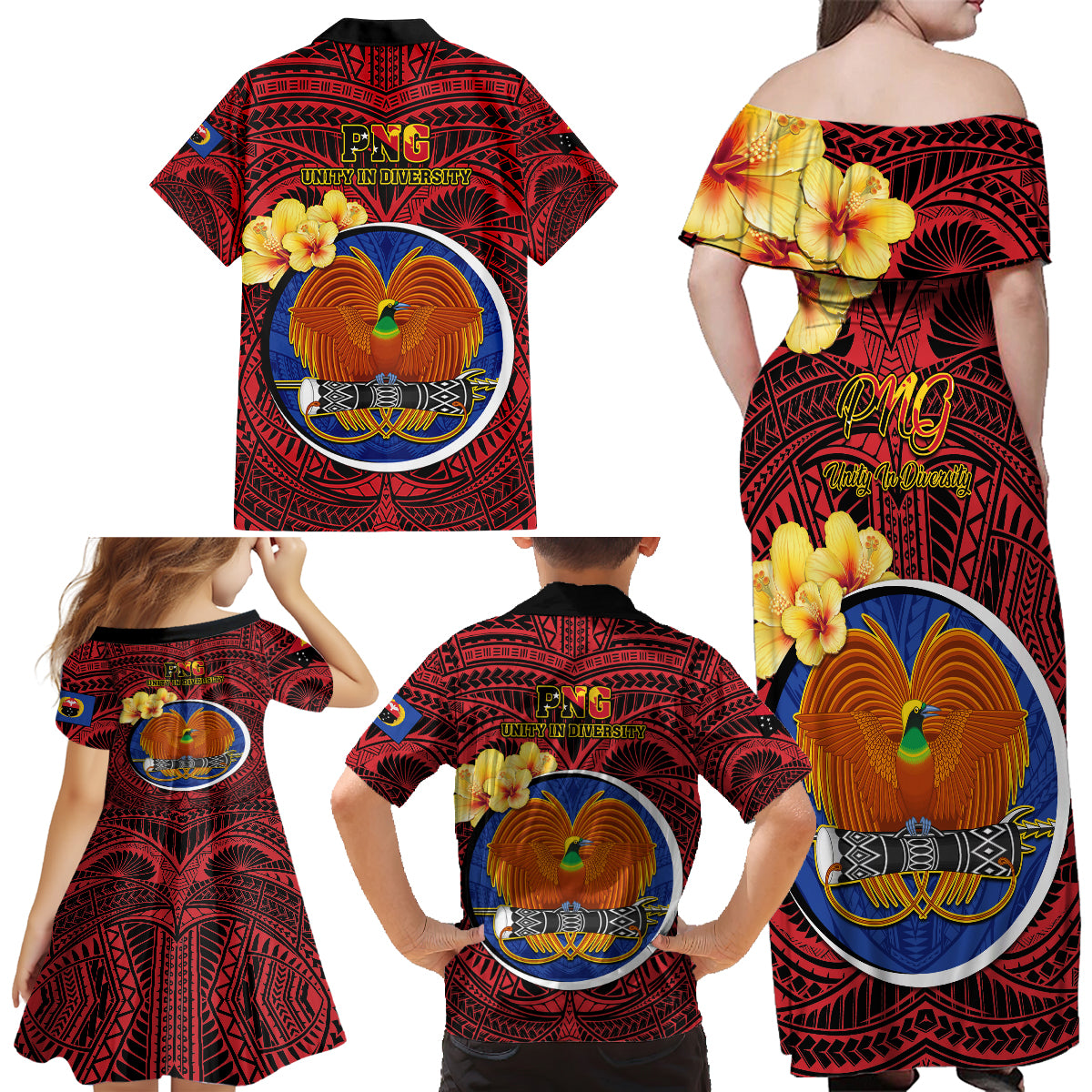 Papua New Guinea Gulf Province Family Matching Off Shoulder Maxi Dress and Hawaiian Shirt Mix Coat Of Arms Polynesian Pattern LT05 - Polynesian Pride