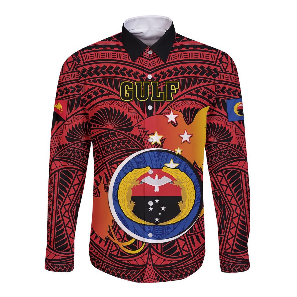 Papua New Guinea Gulf Province Long Sleeve Button Shirt Mix Coat Of Arms Polynesian Pattern LT05 Unisex Red - Polynesian Pride