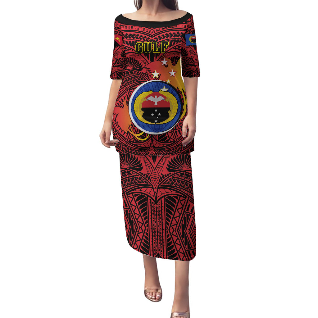 Papua New Guinea Gulf Province Puletasi Mix Coat Of Arms Polynesian Pattern LT05 Long Dress Red - Polynesian Pride