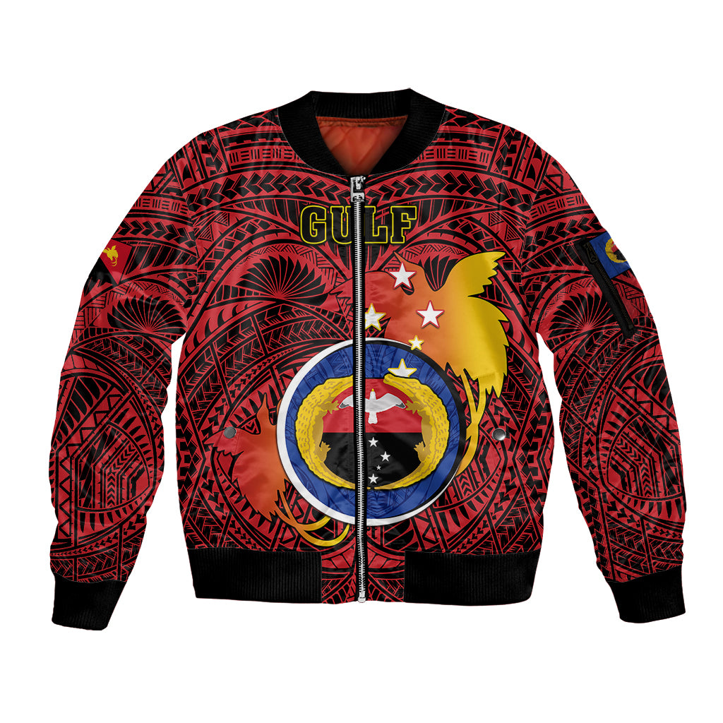Papua New Guinea Gulf Province Sleeve Zip Bomber Jacket Mix Coat Of Arms Polynesian Pattern LT05 Unisex Red - Polynesian Pride