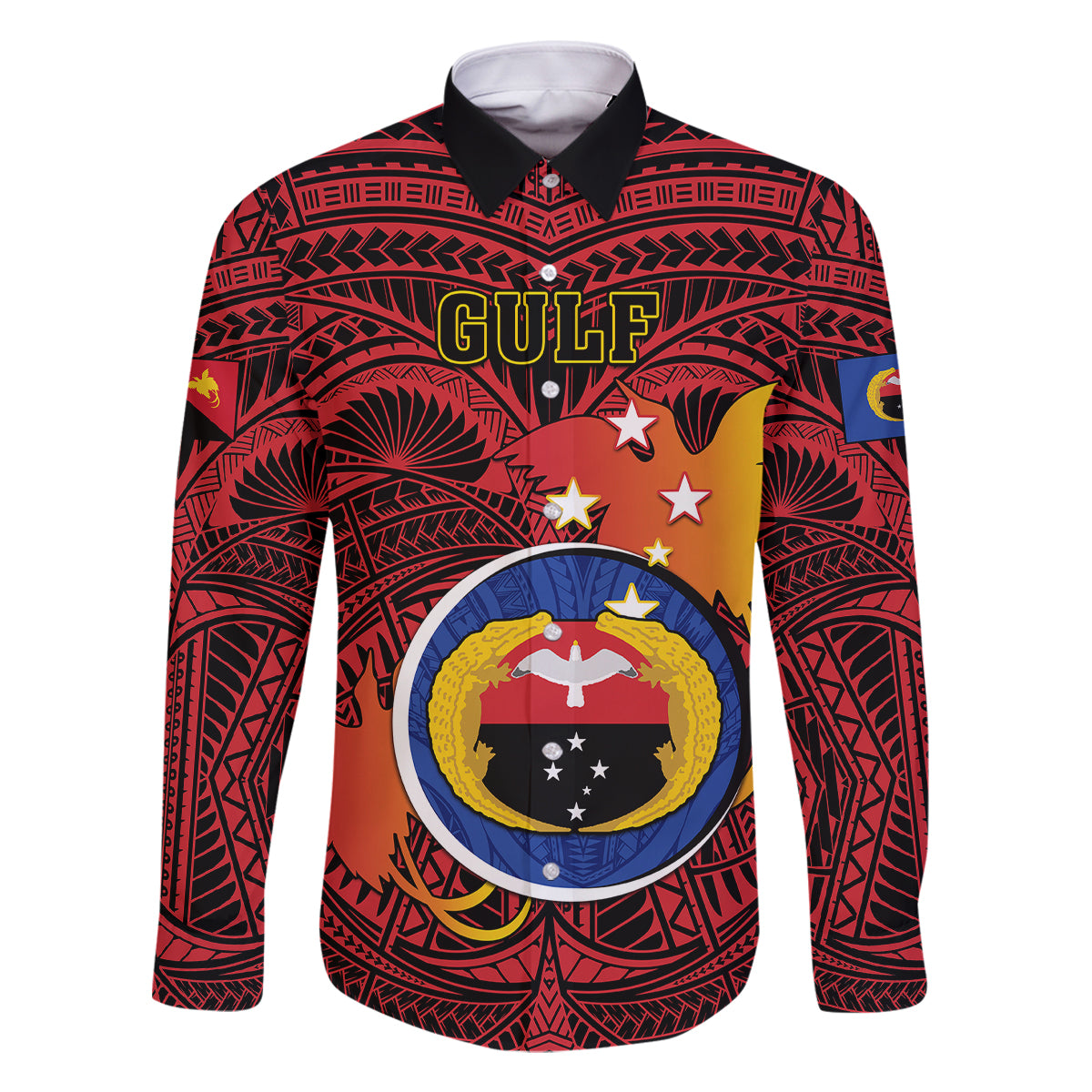 Personalized Papua New Guinea Gulf Province Family Matching Off Shoulder Maxi Dress and Hawaiian Shirt Mix Coat Of Arms Polynesian Pattern LT05 Dad's Shirt - Long Sleeve Red - Polynesian Pride