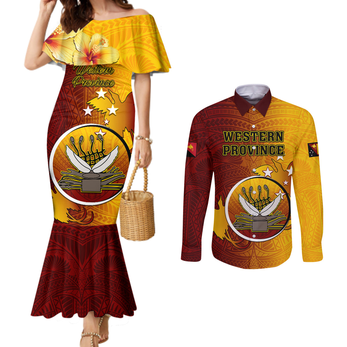 Papua New Guinea Western Province Couples Matching Mermaid Dress and Long Sleeve Button Shirts Mix Coat Of Arms Polynesian Pattern LT05 Red - Polynesian Pride