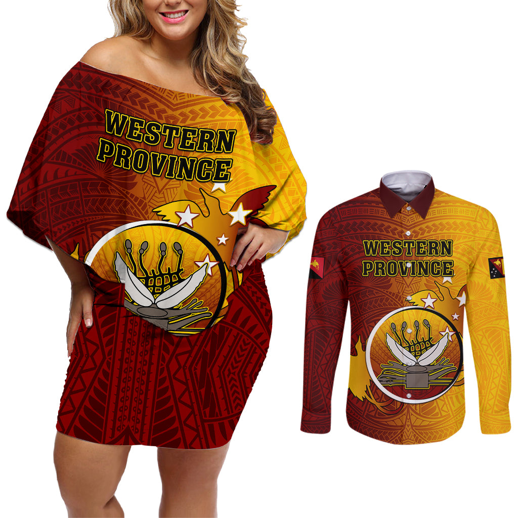 Papua New Guinea Western Province Couples Matching Off Shoulder Short Dress and Long Sleeve Button Shirts Mix Coat Of Arms Polynesian Pattern LT05 Red - Polynesian Pride