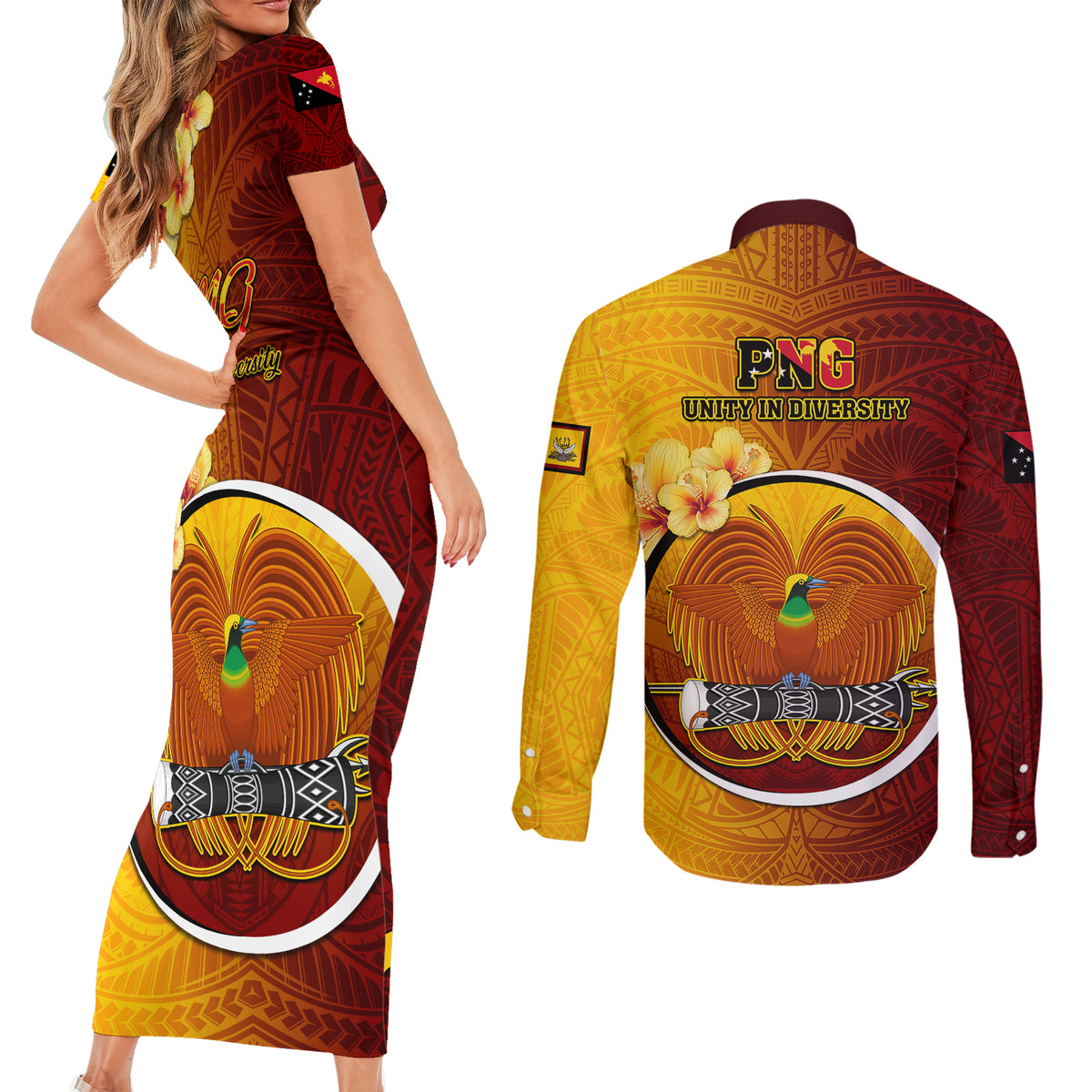 Papua New Guinea Western Province Couples Matching Short Sleeve Bodycon Dress and Long Sleeve Button Shirts Mix Coat Of Arms Polynesian Pattern LT05 - Polynesian Pride