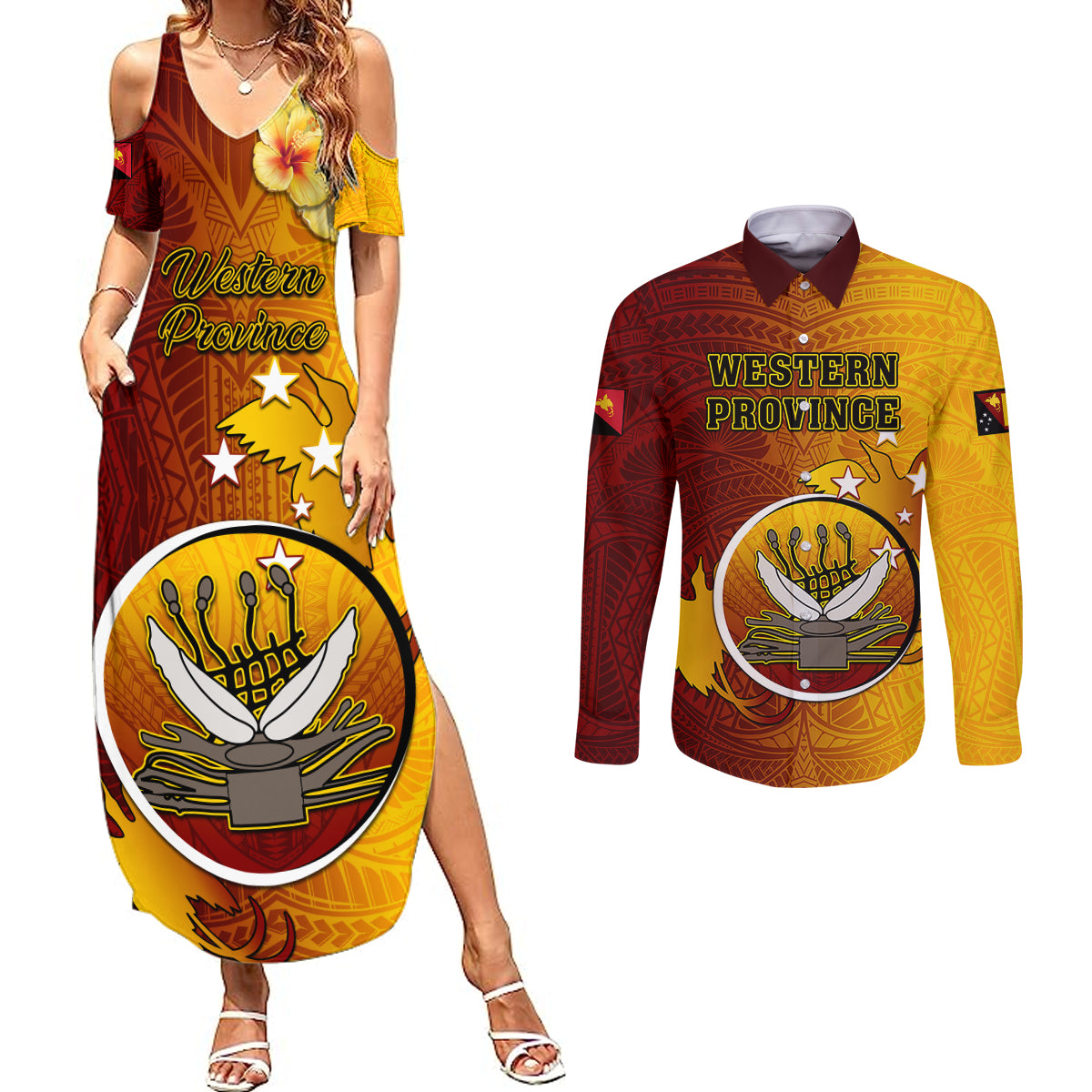 Papua New Guinea Western Province Couples Matching Summer Maxi Dress and Long Sleeve Button Shirts Mix Coat Of Arms Polynesian Pattern LT05 Red - Polynesian Pride