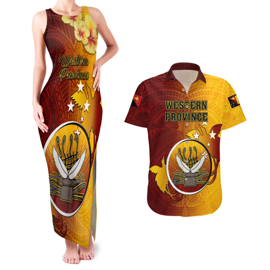 Papua New Guinea Western Province Couples Matching Tank Maxi Dress and Hawaiian Shirt Mix Coat Of Arms Polynesian Pattern LT05 Red - Polynesian Pride