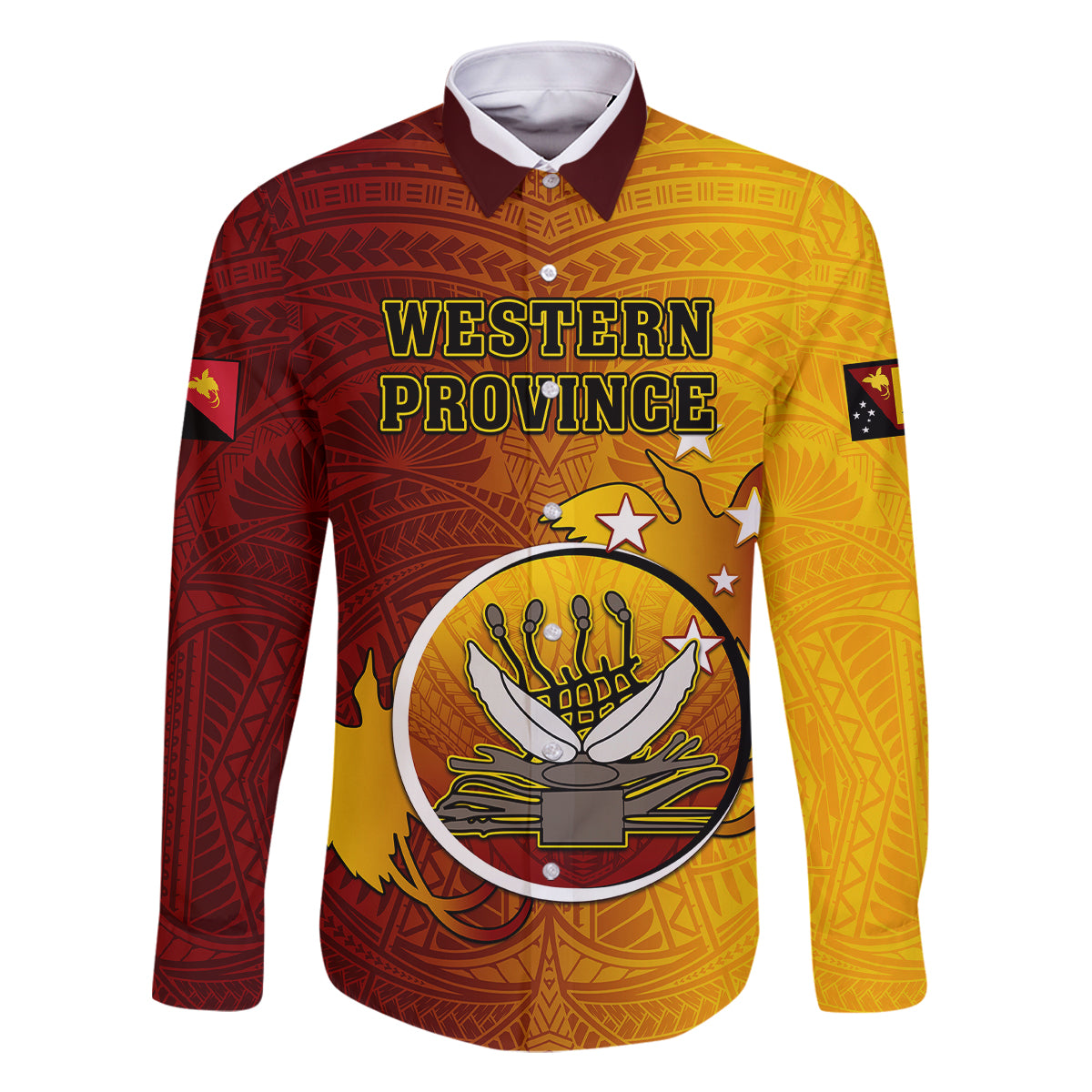 Papua New Guinea Western Province Family Matching Off Shoulder Short Dress and Hawaiian Shirt Mix Coat Of Arms Polynesian Pattern LT05 Dad's Shirt - Long Sleeve Red - Polynesian Pride