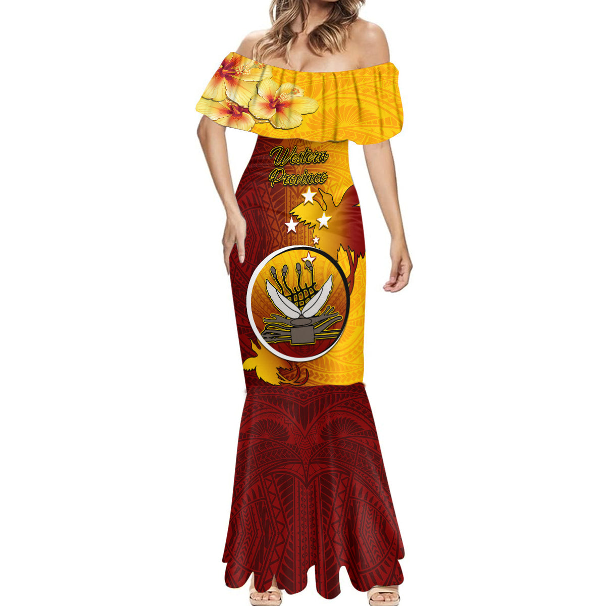 Papua New Guinea Western Province Mermaid Dress Mix Coat Of Arms Polynesian Pattern LT05 - Polynesian Pride