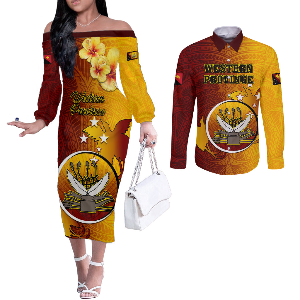 Personalized Papua New Guinea Western Province Couples Matching Off The Shoulder Long Sleeve Dress and Long Sleeve Button Shirts Mix Coat Of Arms Polynesian Pattern LT05 Red - Polynesian Pride
