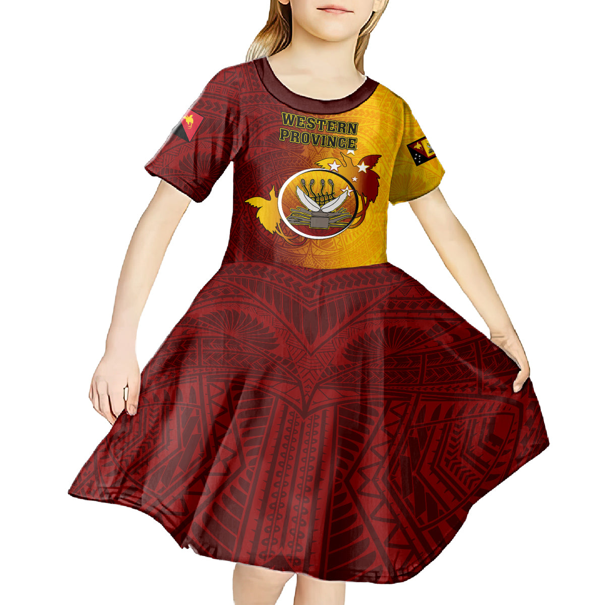 Personalized Papua New Guinea Western Province Kid Short Sleeve Dress Mix Coat Of Arms Polynesian Pattern LT05 - Polynesian Pride