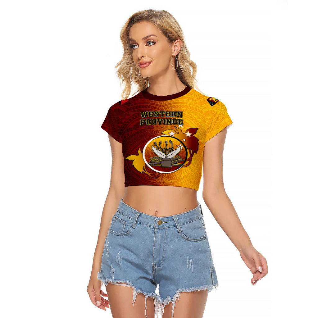 Personalized Papua New Guinea Western Province Raglan Cropped T Shirt Mix Coat Of Arms Polynesian Pattern LT05 Female Red - Polynesian Pride