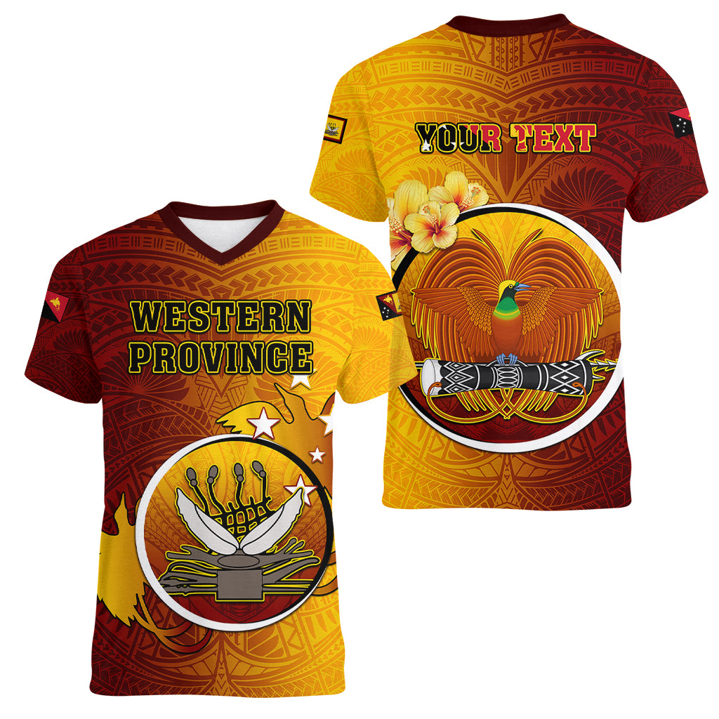 Personalized Papua New Guinea Western Province Women V Neck T Shirt Mix Coat Of Arms Polynesian Pattern LT05 - Polynesian Pride