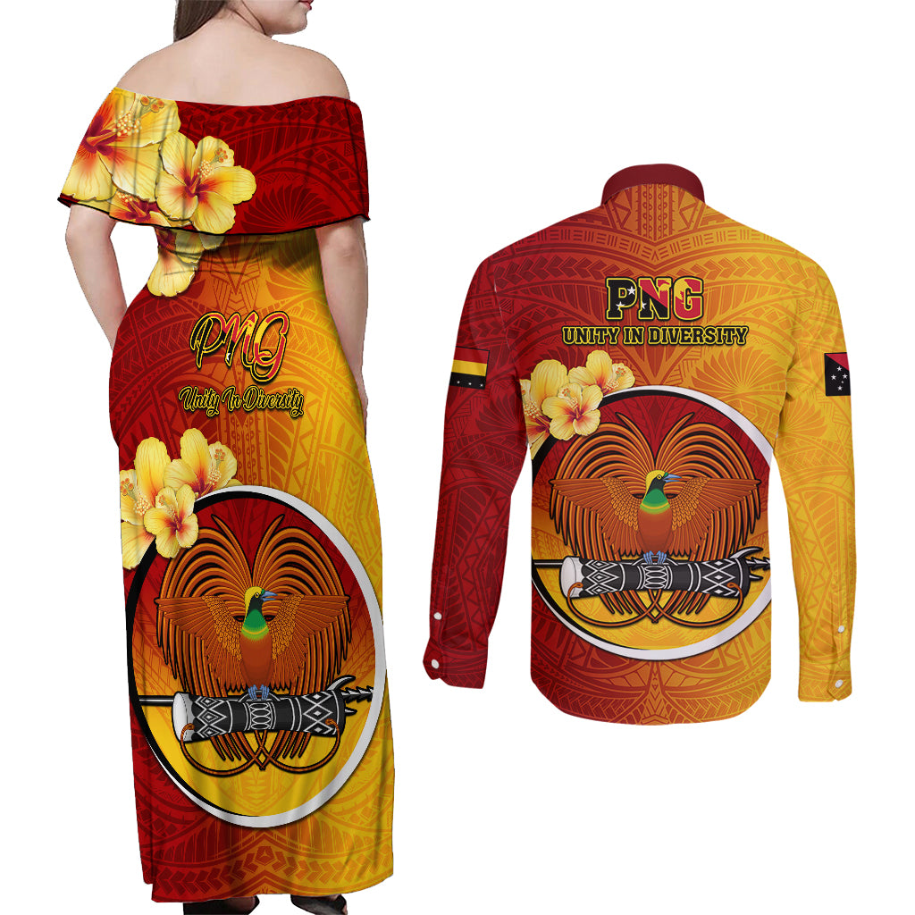 Papua New Guinea Madang Province Couples Matching Off Shoulder Maxi Dress and Long Sleeve Button Shirts Mix Coat Of Arms Polynesian Pattern LT05 - Polynesian Pride