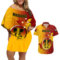 Papua New Guinea Madang Province Couples Matching Off Shoulder Short Dress and Hawaiian Shirt Mix Coat Of Arms Polynesian Pattern LT05 Yellow - Polynesian Pride