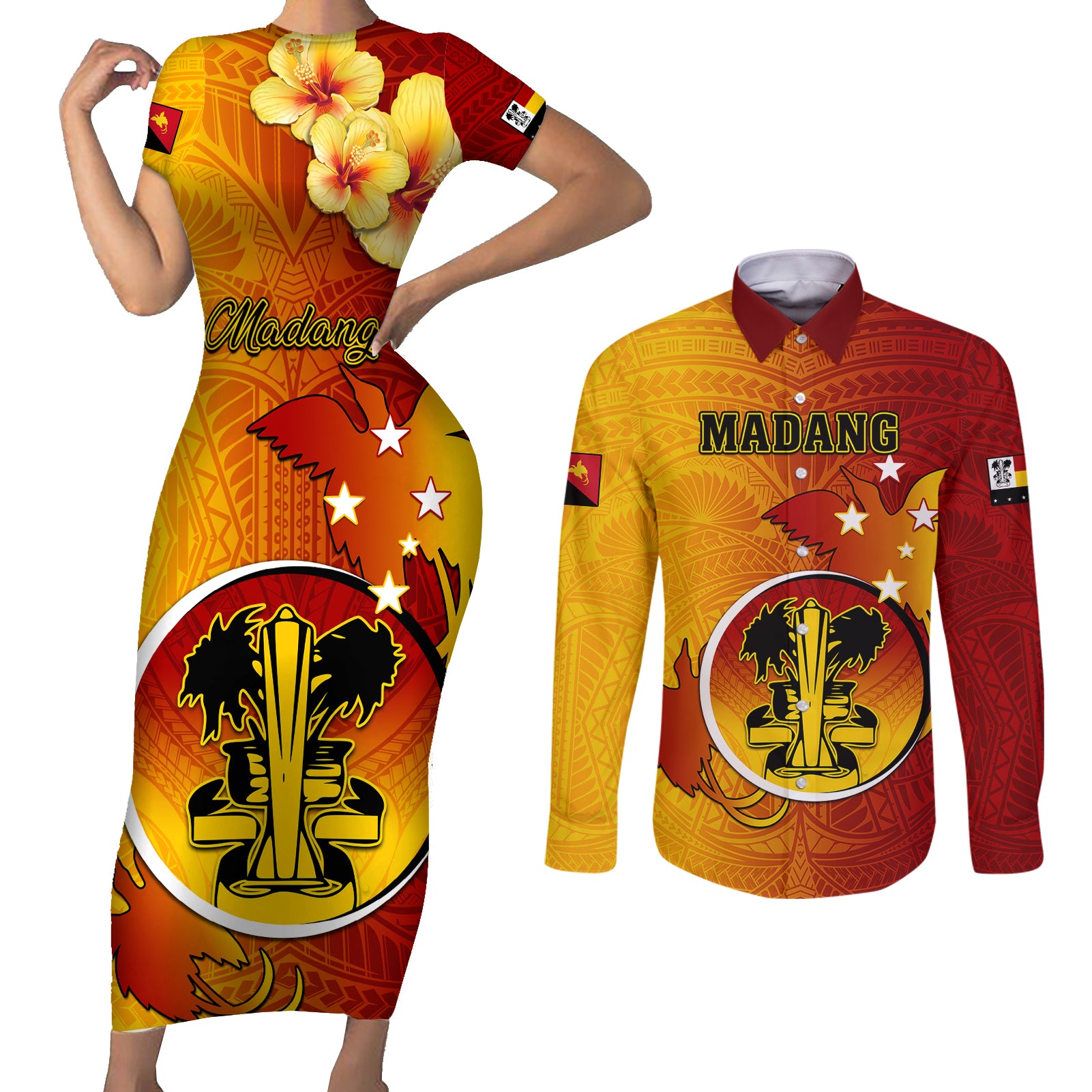 Papua New Guinea Madang Province Couples Matching Short Sleeve Bodycon Dress and Long Sleeve Button Shirts Mix Coat Of Arms Polynesian Pattern LT05 Yellow - Polynesian Pride