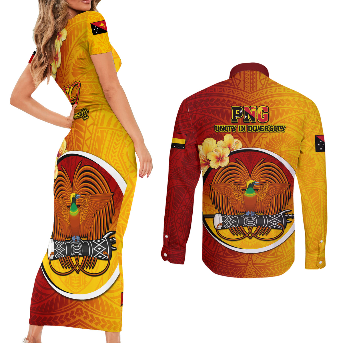 Papua New Guinea Madang Province Couples Matching Short Sleeve Bodycon Dress and Long Sleeve Button Shirts Mix Coat Of Arms Polynesian Pattern LT05 - Polynesian Pride