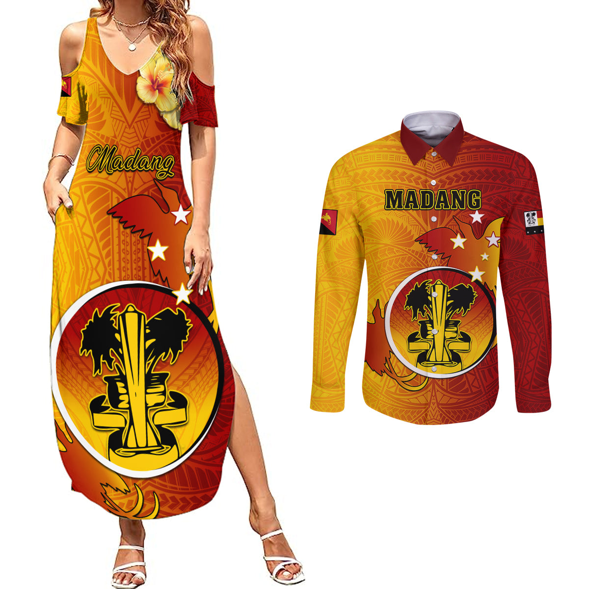 Papua New Guinea Madang Province Couples Matching Summer Maxi Dress and Long Sleeve Button Shirts Mix Coat Of Arms Polynesian Pattern LT05 Yellow - Polynesian Pride