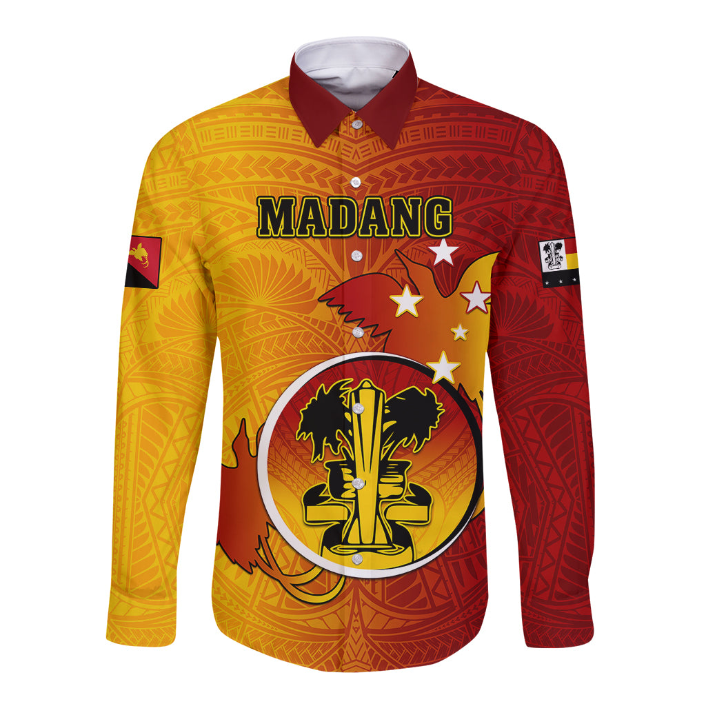 Papua New Guinea Madang Province Long Sleeve Button Shirt Mix Coat Of Arms Polynesian Pattern LT05 Unisex Yellow - Polynesian Pride