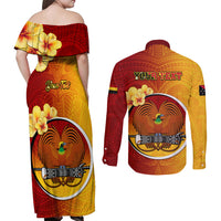 Personalized Papua New Guinea Madang Province Couples Matching Off Shoulder Maxi Dress and Long Sleeve Button Shirts Mix Coat Of Arms Polynesian Pattern LT05 - Polynesian Pride