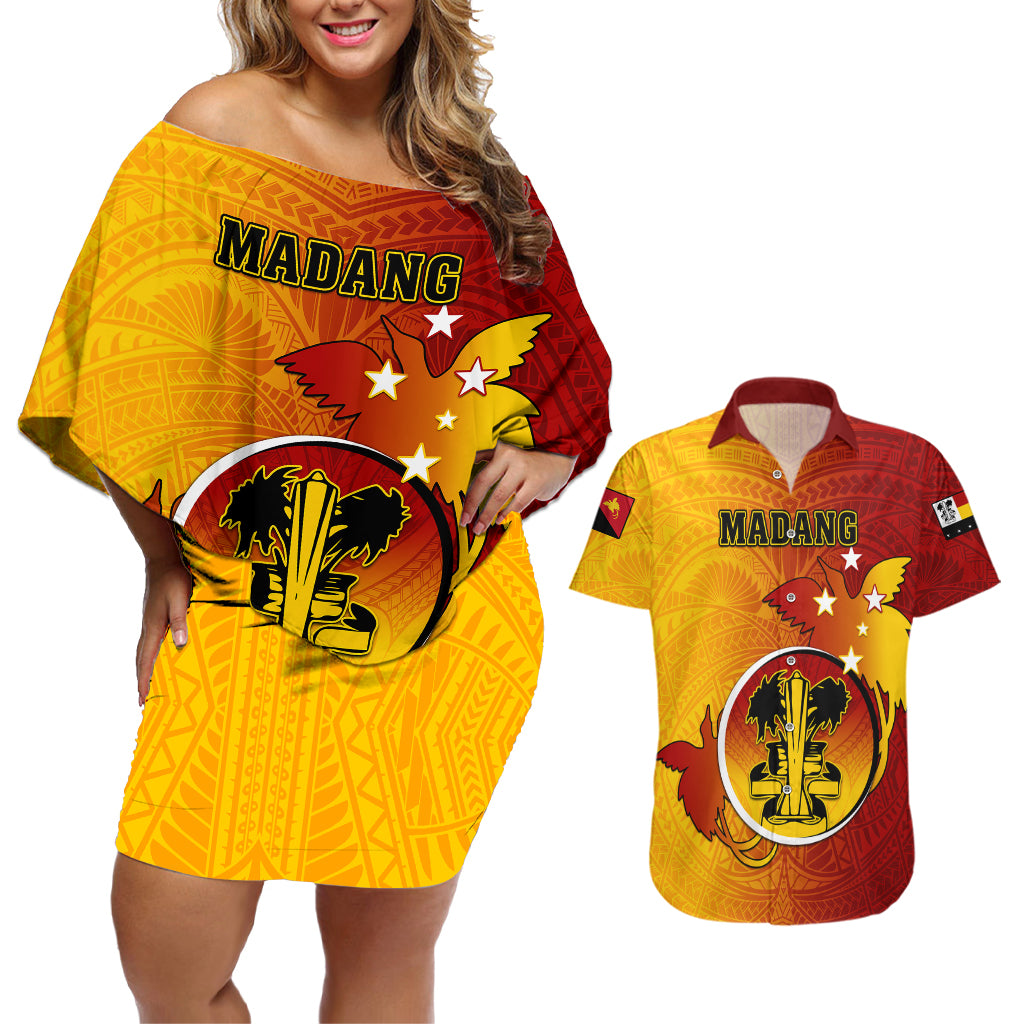 Personalized Papua New Guinea Madang Province Couples Matching Off Shoulder Short Dress and Hawaiian Shirt Mix Coat Of Arms Polynesian Pattern LT05 Yellow - Polynesian Pride