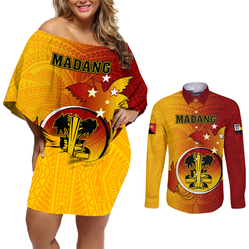 Personalized Papua New Guinea Madang Province Couples Matching Off Shoulder Short Dress and Long Sleeve Button Shirts Mix Coat Of Arms Polynesian Pattern LT05 Yellow - Polynesian Pride