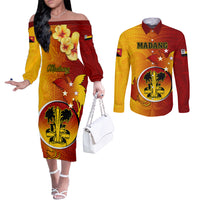 Personalized Papua New Guinea Madang Province Couples Matching Off The Shoulder Long Sleeve Dress and Long Sleeve Button Shirts Mix Coat Of Arms Polynesian Pattern LT05 Yellow - Polynesian Pride