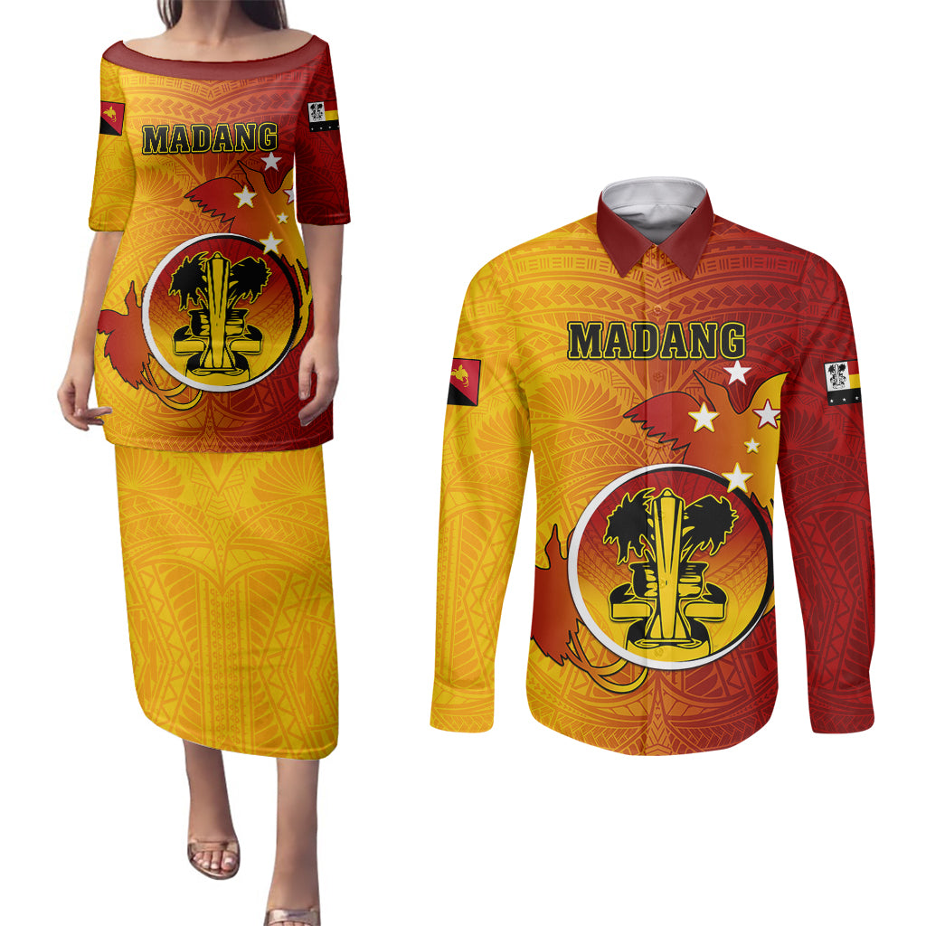 Personalized Papua New Guinea Madang Province Couples Matching Puletasi Dress and Long Sleeve Button Shirts Mix Coat Of Arms Polynesian Pattern LT05 Yellow - Polynesian Pride