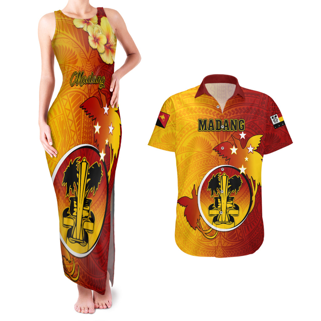 Personalized Papua New Guinea Madang Province Couples Matching Tank Maxi Dress and Hawaiian Shirt Mix Coat Of Arms Polynesian Pattern LT05 Yellow - Polynesian Pride