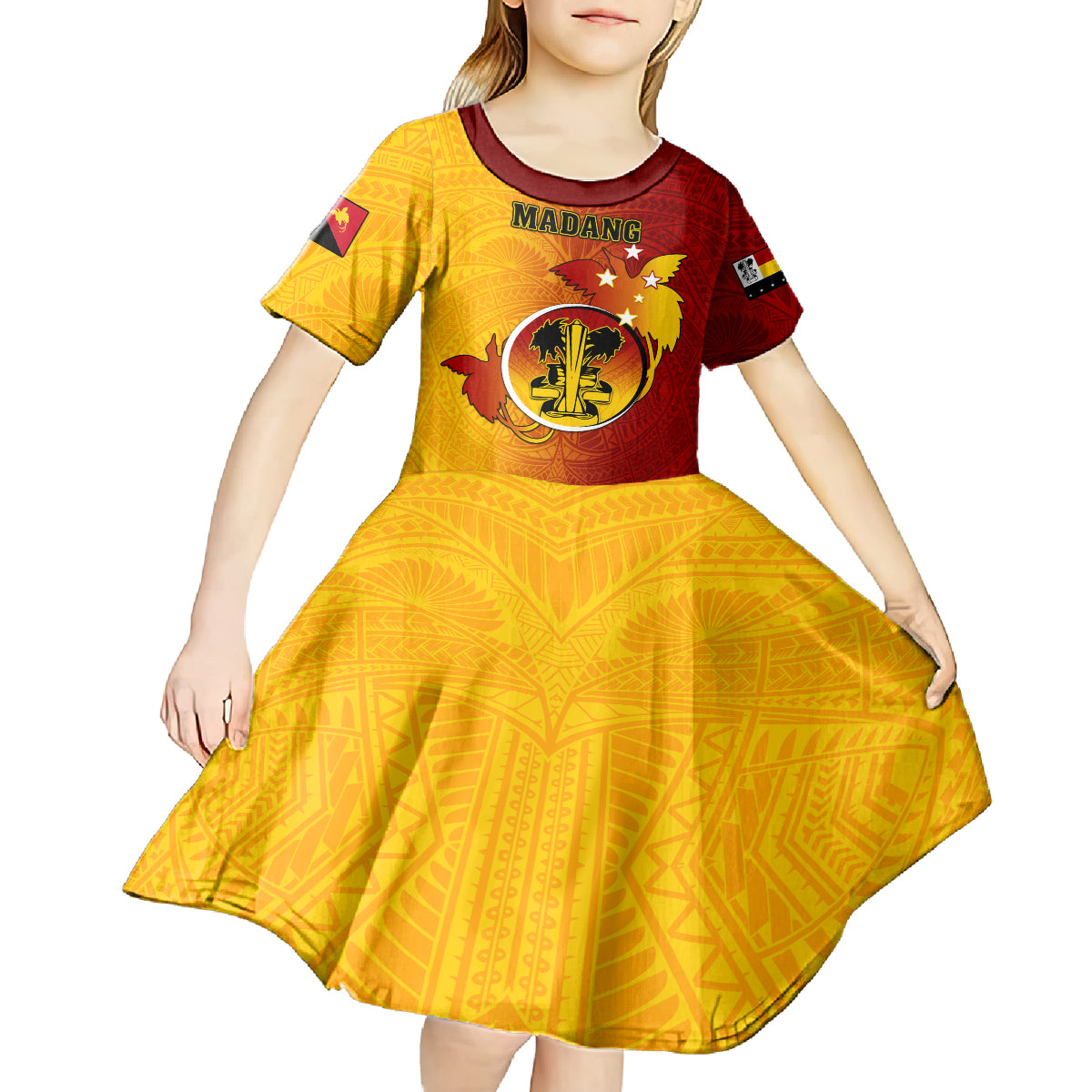 Personalized Papua New Guinea Madang Province Kid Short Sleeve Dress Mix Coat Of Arms Polynesian Pattern LT05 - Polynesian Pride