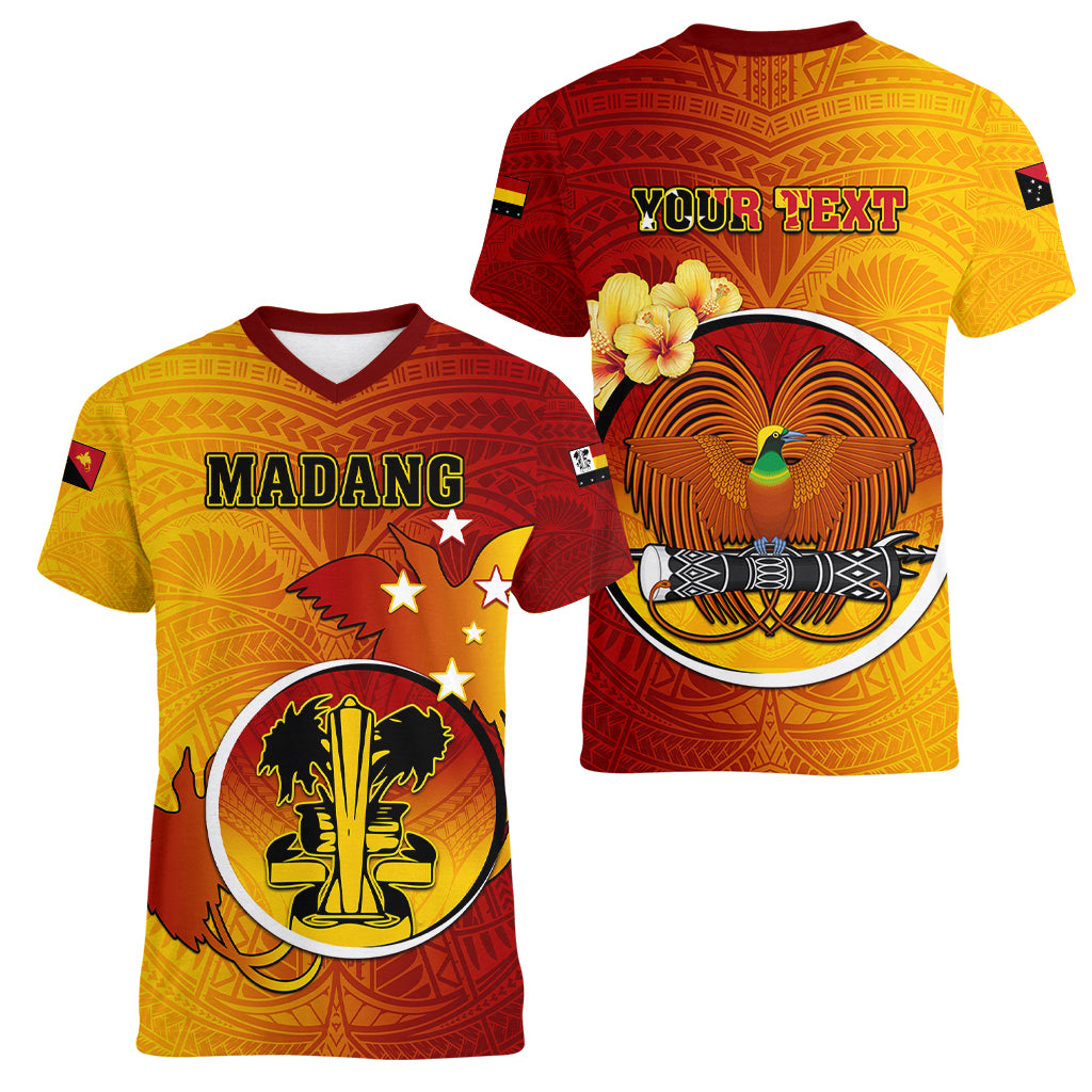 Personalized Papua New Guinea Madang Province Women V Neck T Shirt Mix Coat Of Arms Polynesian Pattern LT05 - Polynesian Pride