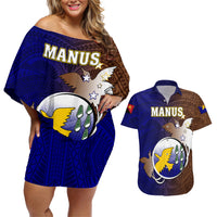 Papua New Guinea Manus Province Couples Matching Off Shoulder Short Dress and Hawaiian Shirt Mix Coat Of Arms Polynesian Pattern LT05 Brown - Polynesian Pride