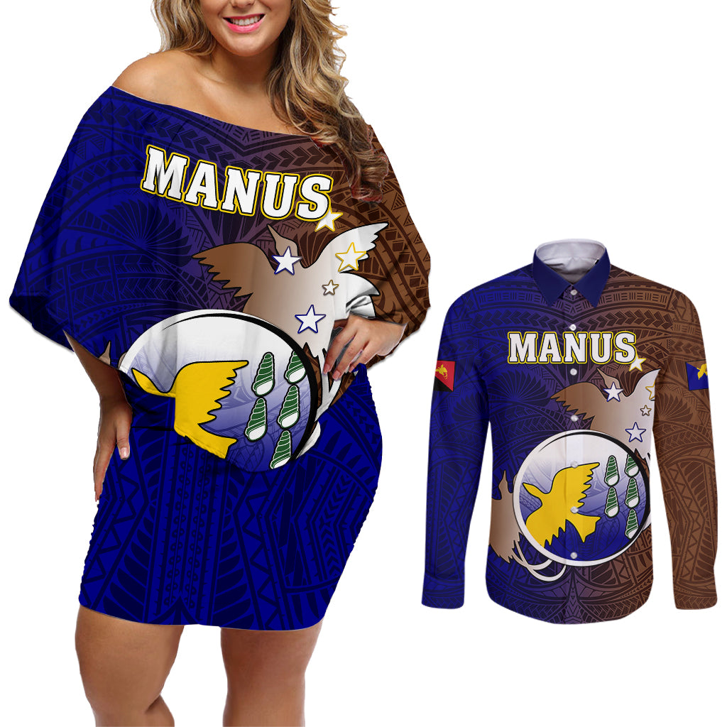 Personalized Papua New Guinea Manus Province Couples Matching Off Shoulder Short Dress and Long Sleeve Button Shirts Mix Coat Of Arms Polynesian Pattern LT05 rown - Polynesian Pride