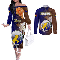 Personalized Papua New Guinea Manus Province Couples Matching Off The Shoulder Long Sleeve Dress and Long Sleeve Button Shirts Mix Coat Of Arms Polynesian Pattern LT05 rown - Polynesian Pride