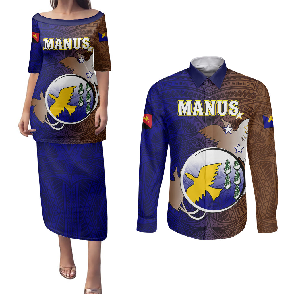 Personalized Papua New Guinea Manus Province Couples Matching Puletasi Dress and Long Sleeve Button Shirts Mix Coat Of Arms Polynesian Pattern LT05 Brown - Polynesian Pride