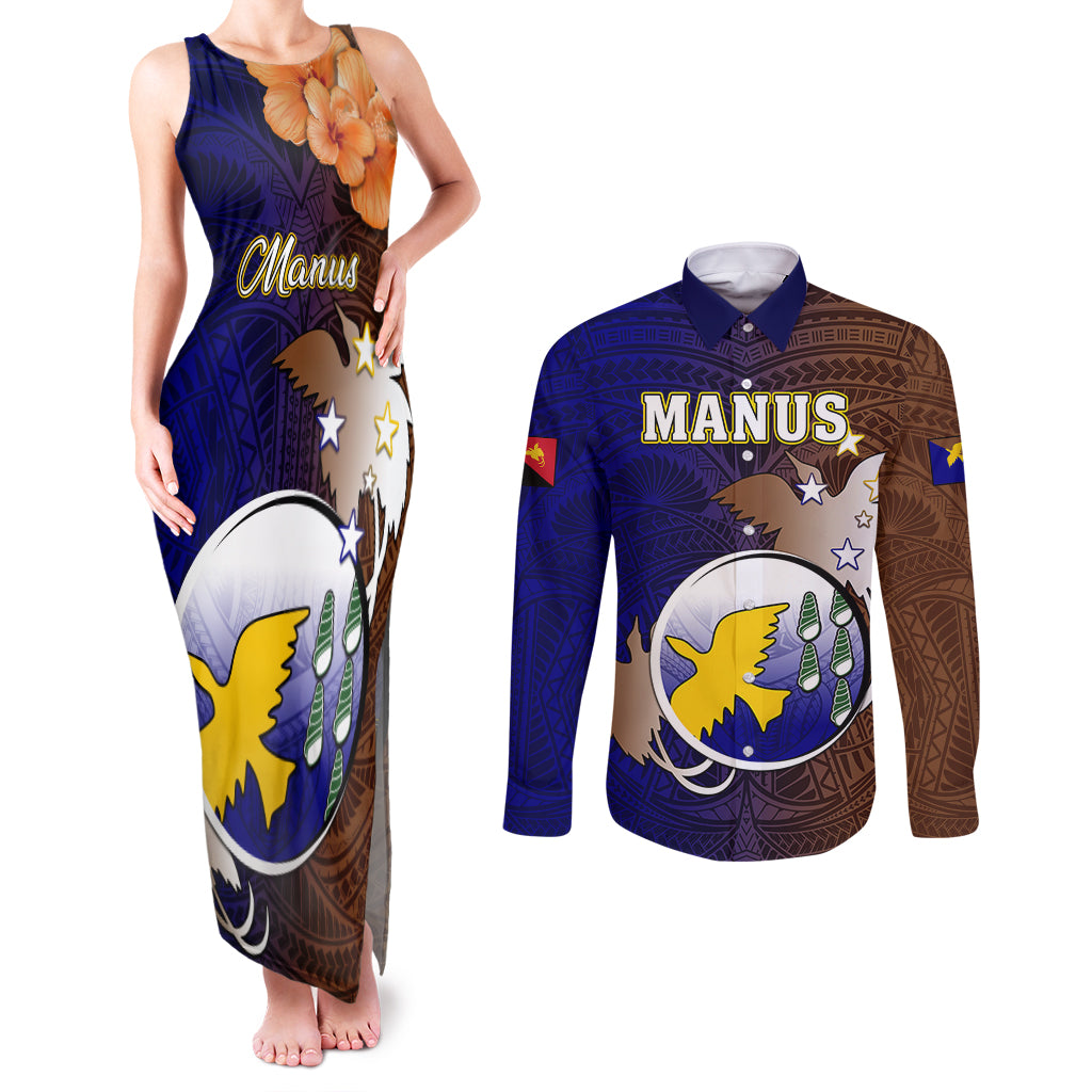 Personalized Papua New Guinea Manus Province Couples Matching Tank Maxi Dress and Long Sleeve Button Shirts Mix Coat Of Arms Polynesian Pattern LT05 Brown - Polynesian Pride