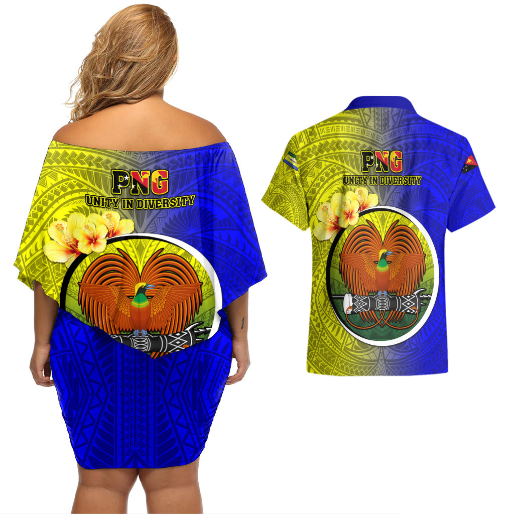 Papua New Guinea Morobe Province Couples Matching Off Shoulder Short Dress and Hawaiian Shirt Mix Coat Of Arms Polynesian Pattern LT05 - Polynesian Pride
