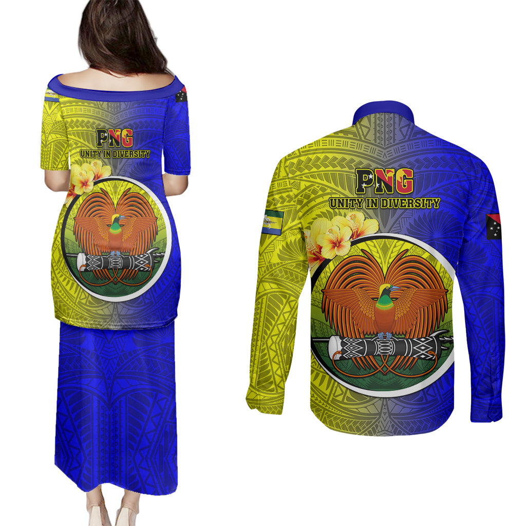 Papua New Guinea Morobe Province Couples Matching Puletasi Dress and Long Sleeve Button Shirts Mix Coat Of Arms Polynesian Pattern LT05 - Polynesian Pride