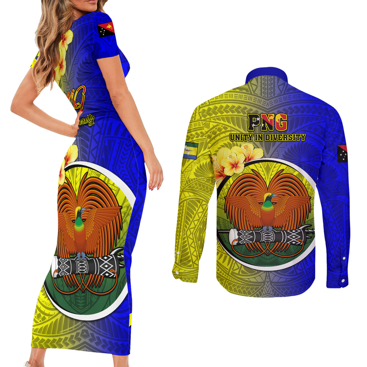 Papua New Guinea Morobe Province Couples Matching Short Sleeve Bodycon Dress and Long Sleeve Button Shirts Mix Coat Of Arms Polynesian Pattern LT05 - Polynesian Pride