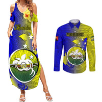 Papua New Guinea Morobe Province Couples Matching Summer Maxi Dress and Long Sleeve Button Shirts Mix Coat Of Arms Polynesian Pattern LT05 Yellow - Polynesian Pride