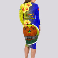 Papua New Guinea Morobe Province Long Sleeve Bodycon Dress Mix Coat Of Arms Polynesian Pattern LT05 - Polynesian Pride
